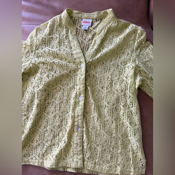 Ruby Rd. Blend Eyelet V-Neck Button Up Blouse Top Yellow 3/4 Sleeve Size 14 - Picture 2 of 6